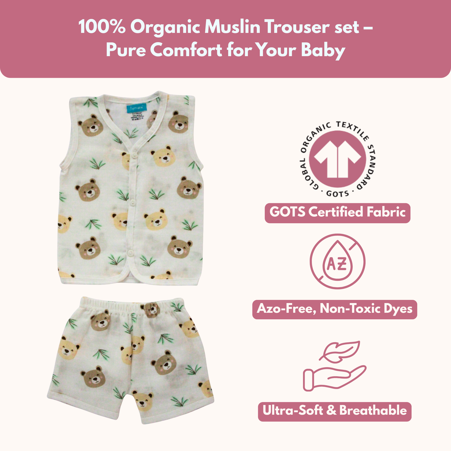 Teddy Meadow Muslin Trouser Set | Pack of 1 | 3-6 Month