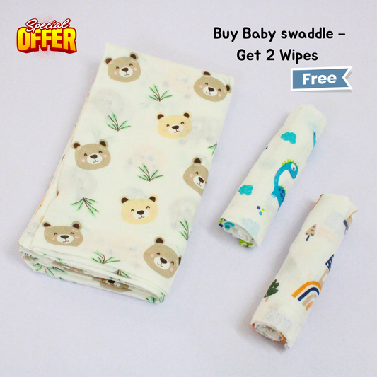 Cuddly Bear Hugs Baby swaddle Set (120 x 100 cm) + 2 Free Wipes (10x10 inch)