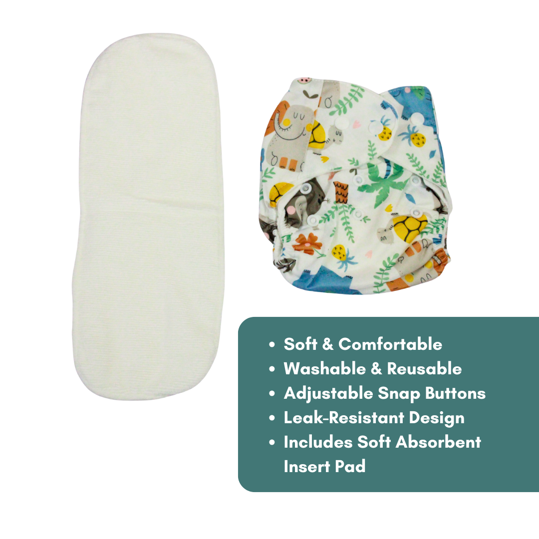 Jungle Safari Pals Adjustable Reusable Cloth Diaper with Insert Pad | 0–12 Months
