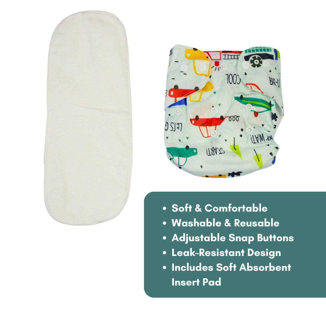 Tiny Wheels Adventure Adjustable Reusable Cloth Diaper with Insert Pad | 0–12 Months