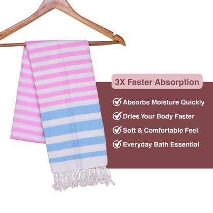 Premium Cotton Bath Towel 150 x 75 cm | Pack of 1 (Pink & Sky Blue Stripes)