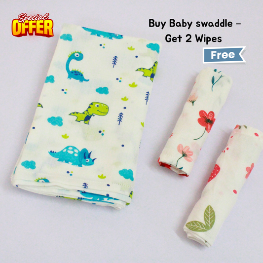 Dino Dreamland Baby swaddle Set (120 x 100 cm) + 2 Free Wipes (10x10 inch)