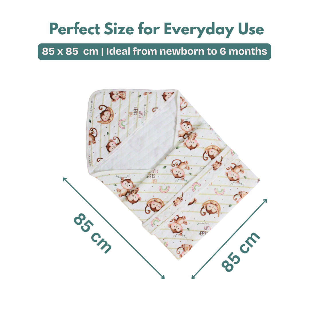 Playful Monkeys Print – Muslin Quilted Hooded Blanket with Belt | 85 x 85 cm | Pack of 1