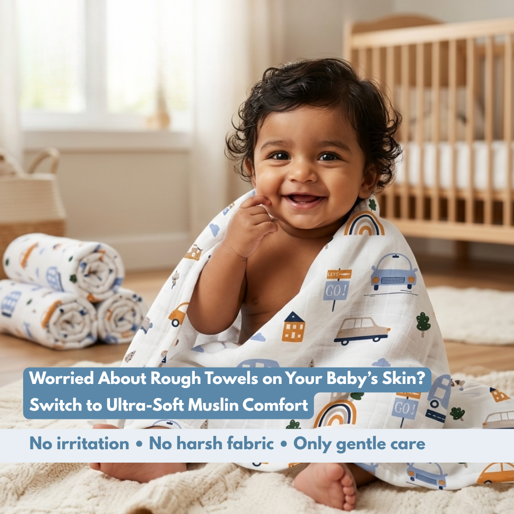 Happy Cars Baby Muslin Towel Set (120 x 100 cm) + 2 Free Wipes (10x10 inch)