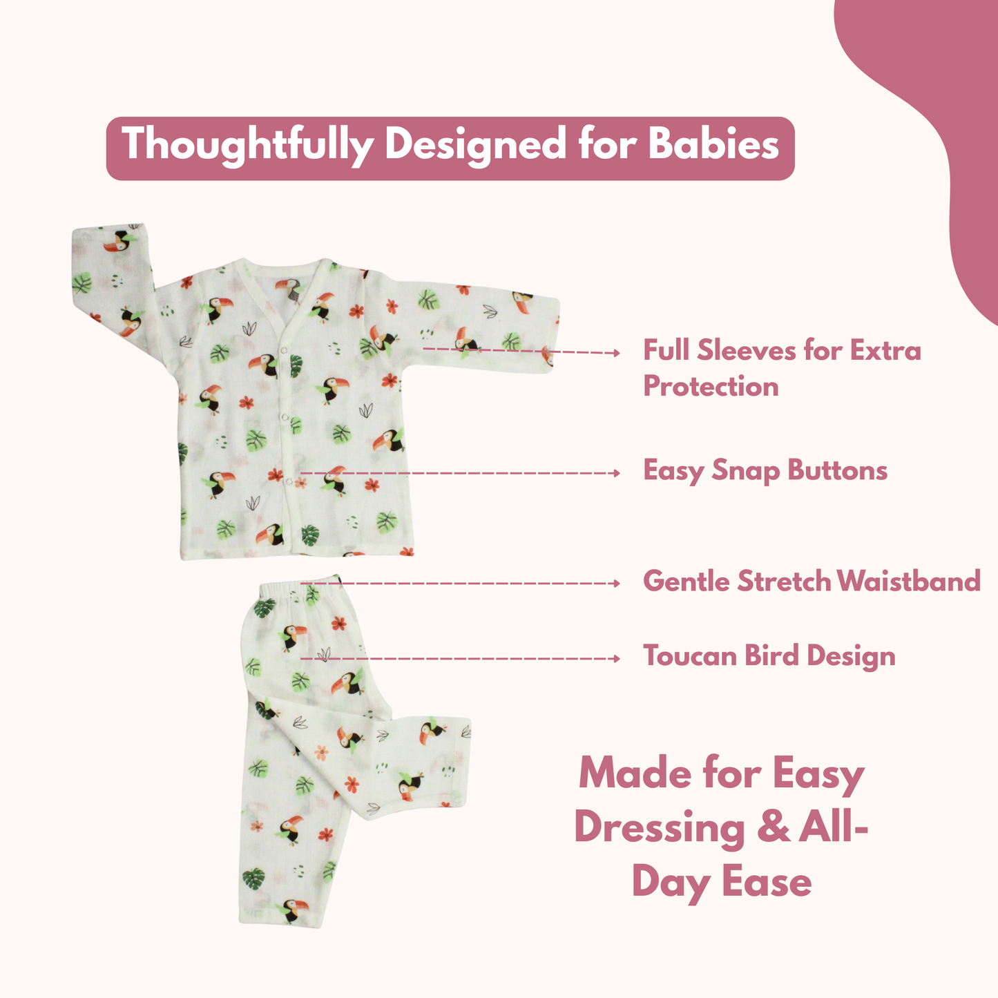 Organic Muslin Sleepsuit | Full Sleeve Top & Pant (Pack of 1, toucan bird)