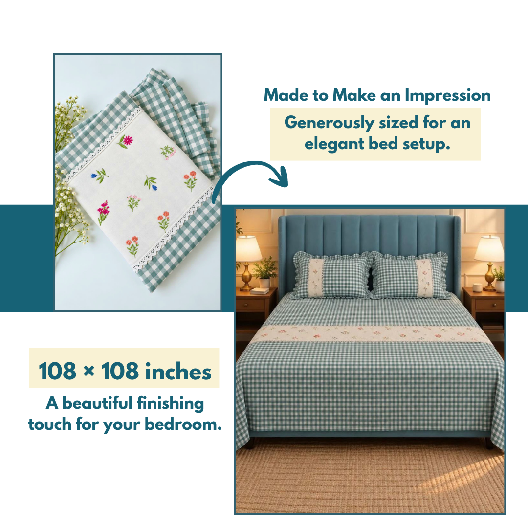 Blue Pure Cotton Floral Embroidered Bedspread with Lace Border – 108 × 108 Inches