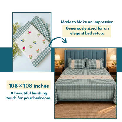 Blue Pure Cotton Floral Embroidered Bedspread with Lace Border – 108 × 108 Inches