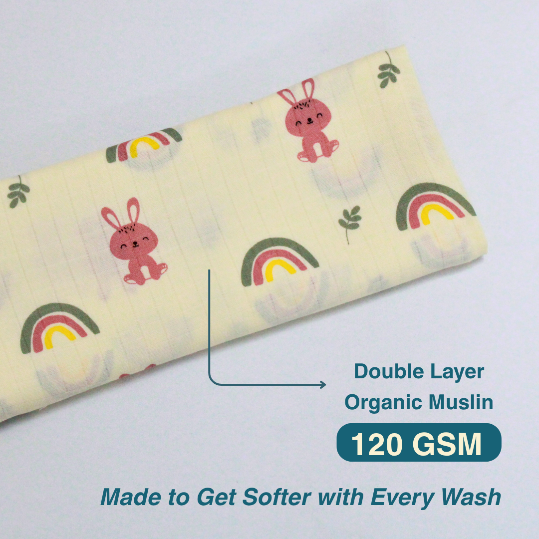 Rainbow Bunny 100% Organic Muslin Baby Bath Towel (100 × 70 cm)