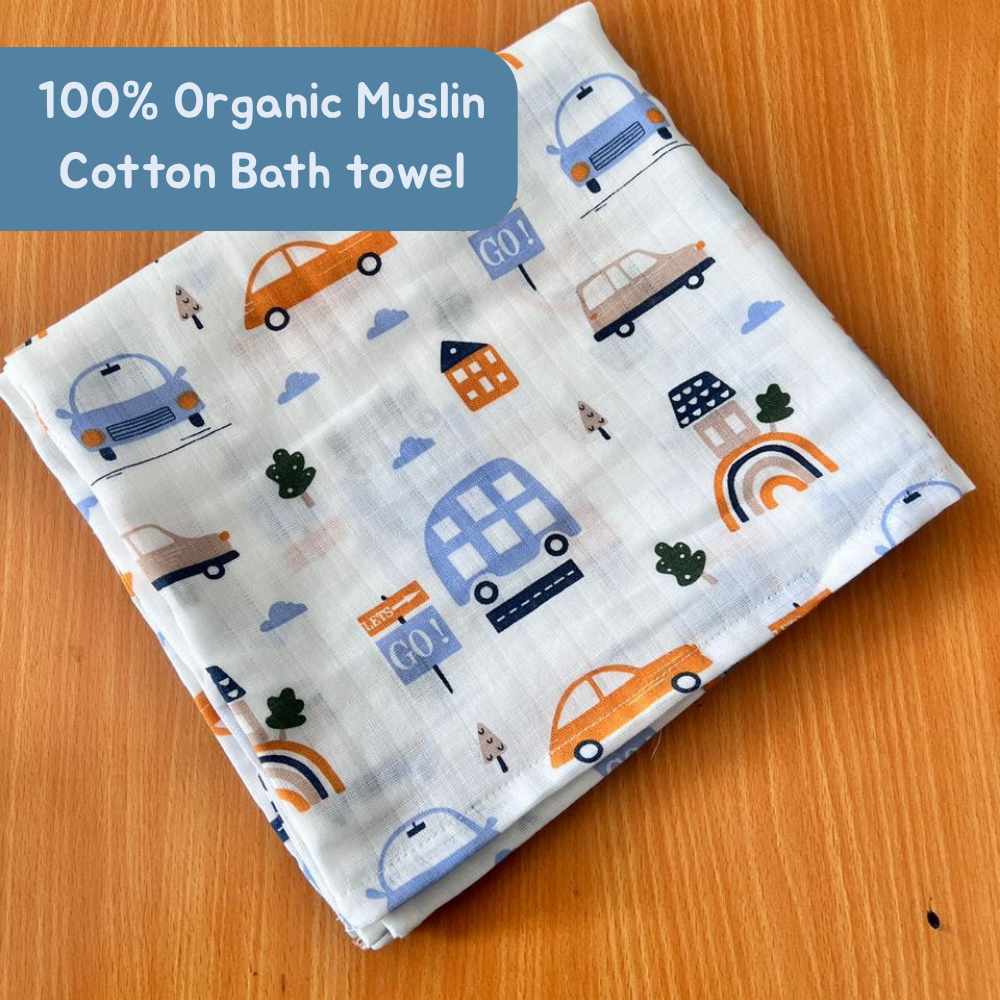 Happy Cars Baby Muslin Towel Set (120 x 100 cm) + 2 Free Wipes (10x10 inch)