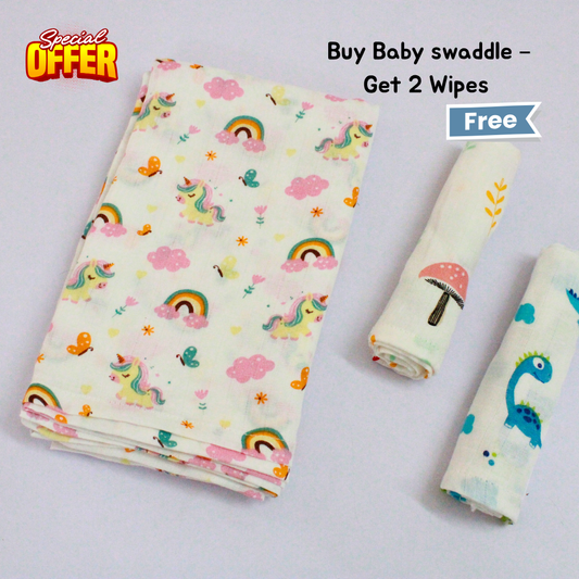 Unicorn Rainbow Baby swaddle Set (120 x 100 cm) + 2 Free Wipes (10x10 inch)