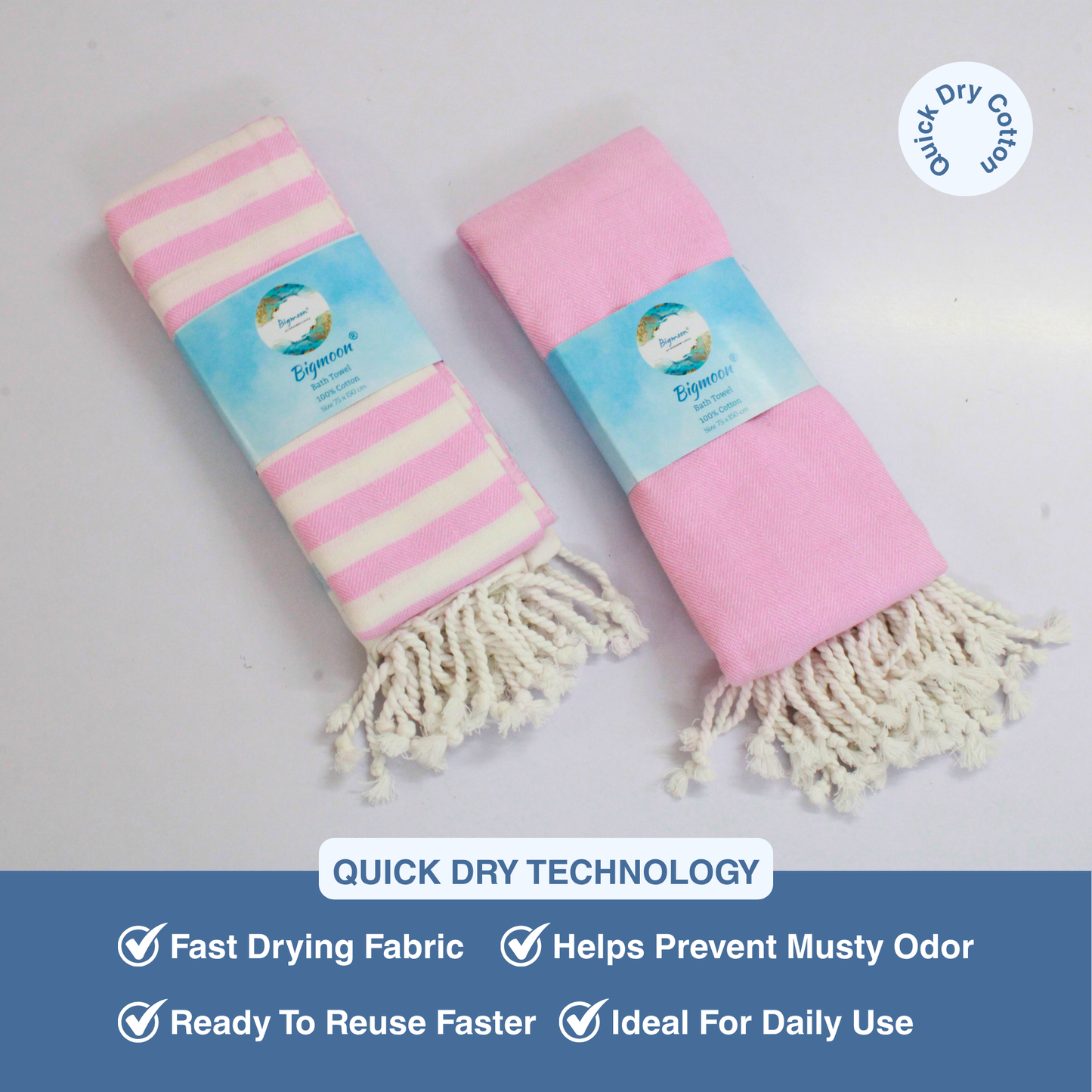 Premium Cotton Bath Towel 150 x 75 cm | Pack of 1 (Pink & Sky Blue Stripes)