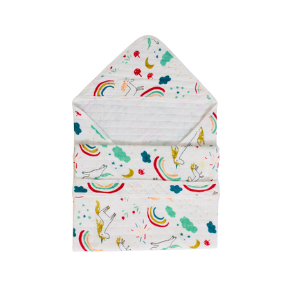 Rainbow Unicorn Print – Muslin Quilted Hooded Blanket with Belt | 85 x 85 cm | Pack of 1