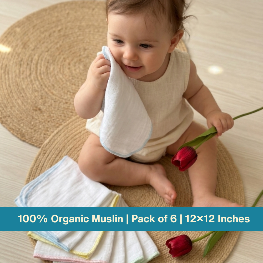 100% Organic Muslin Double layer Baby Face Towel (30 x 30 cm, Pack of 6)