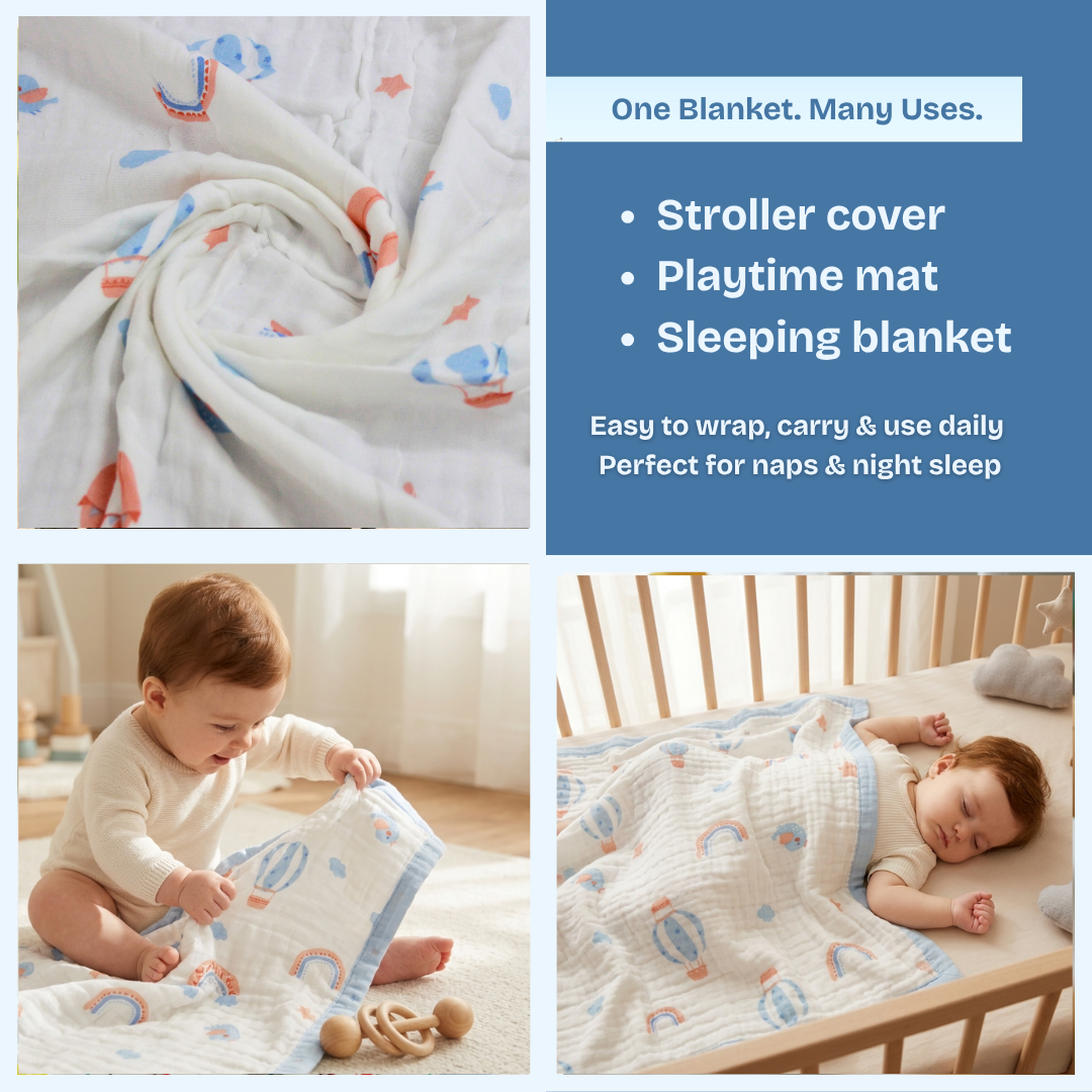 6 Layer Dreamy Sky Balloon Muslin Baby Blanket 110x100 cm - Pack of 1
