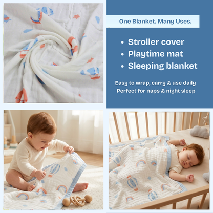 6 Layer Dreamy Sky Balloon Muslin Baby Blanket 110x100 cm - Pack of 1