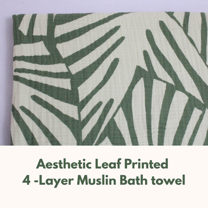 4 layer layer crinkled muslin bath towel (Green Leaf pattern, 70 × 145 cm, Pack of 1)