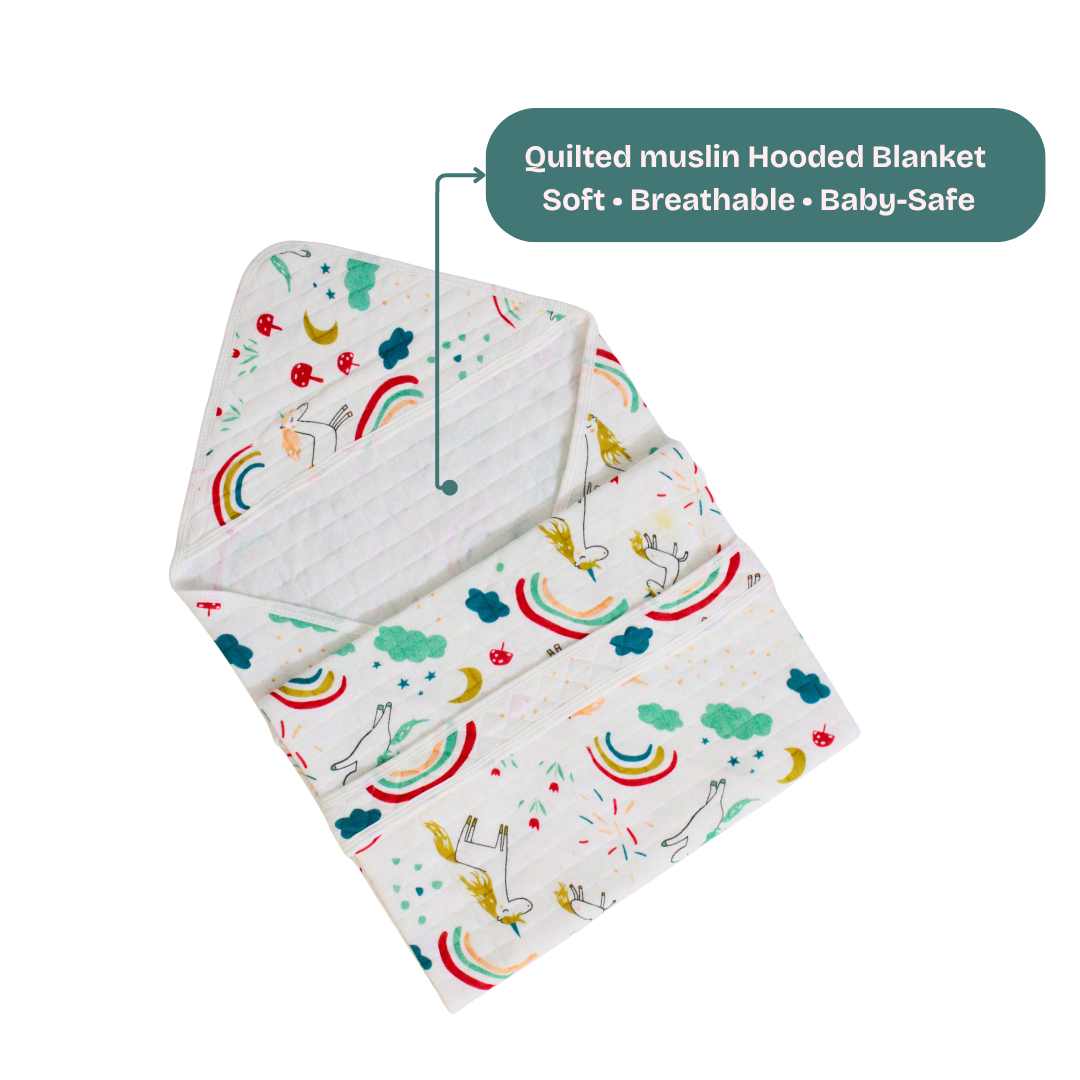 Rainbow Unicorn Print – Muslin Quilted Hooded Blanket with Belt | 85 x 85 cm | Pack of 1
