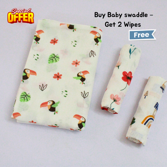 Tropical Toucan Tales Baby swaddle Set (120 x 100 cm) + 2 Free Wipes (10x10 inch)
