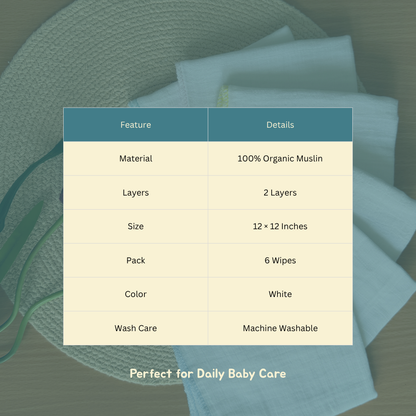 100% Organic Muslin Double layer Baby Face Towel (30 x 30 cm, Pack of 6)