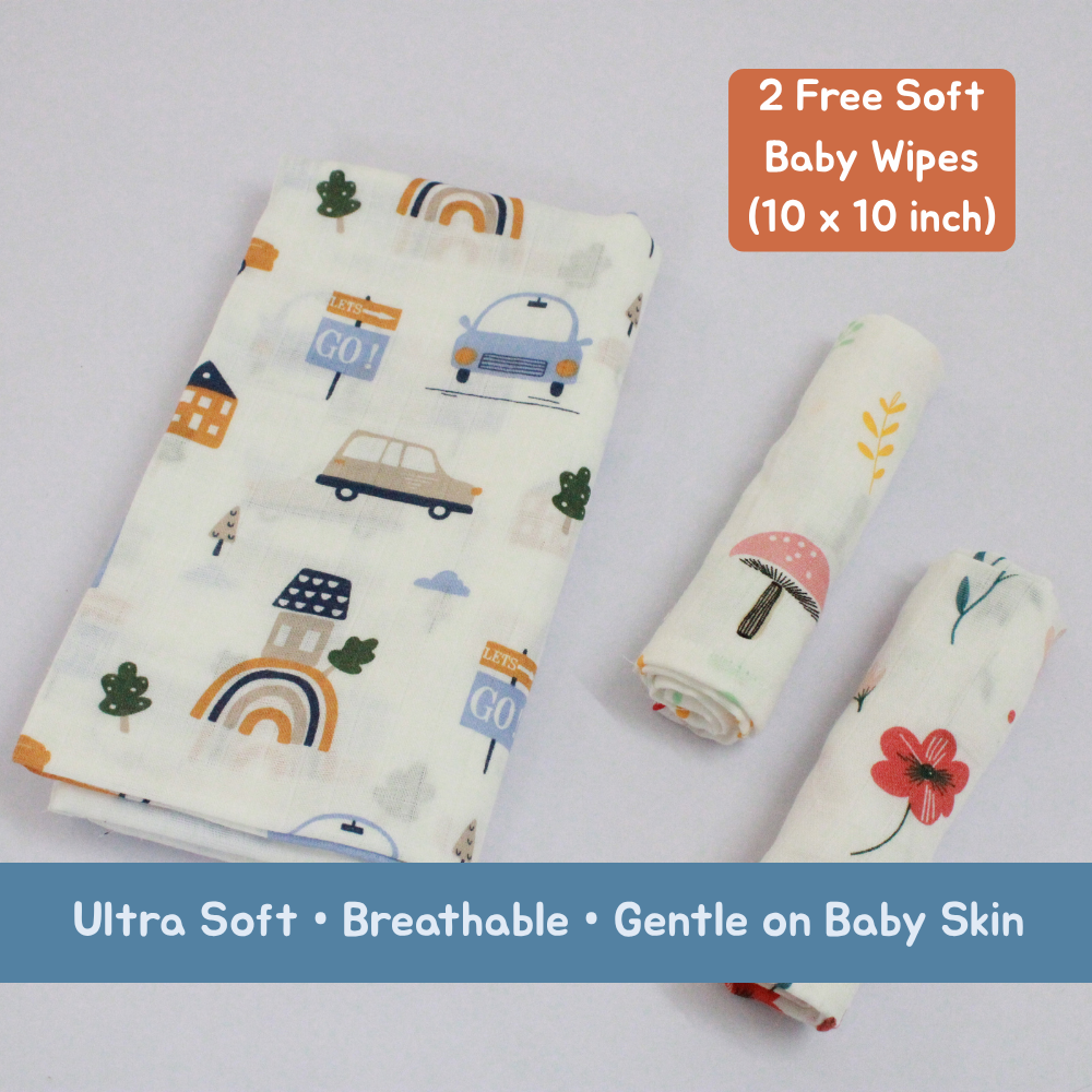 Happy Cars Baby Muslin Towel Set (120 x 100 cm) + 2 Free Wipes (10x10 inch)