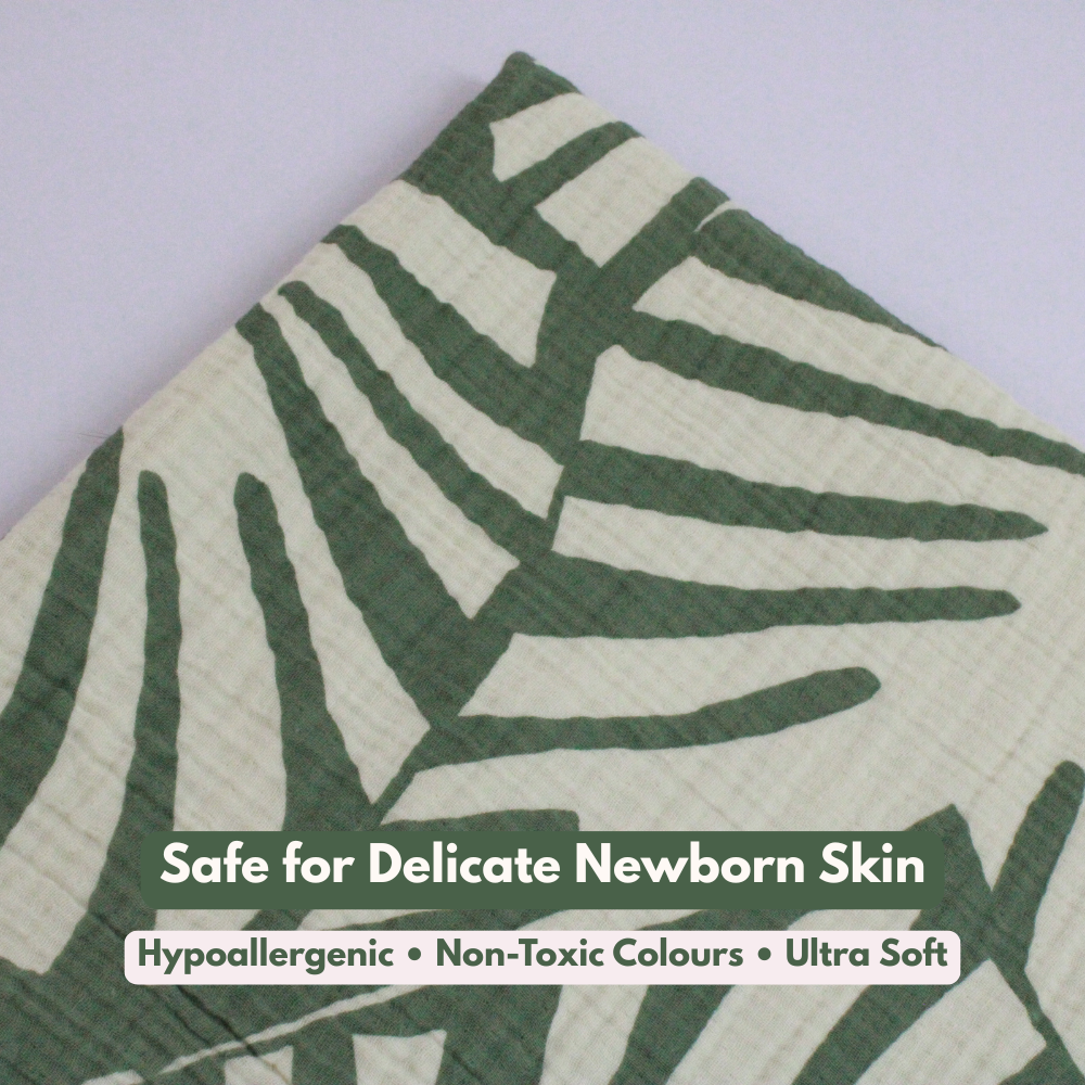 4 layer layer crinkled muslin bath towel (Green Leaf pattern, 70 × 145 cm, Pack of 1)