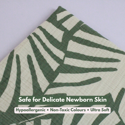 4 layer layer crinkled muslin bath towel (Green Leaf pattern, 70 × 145 cm, Pack of 1)