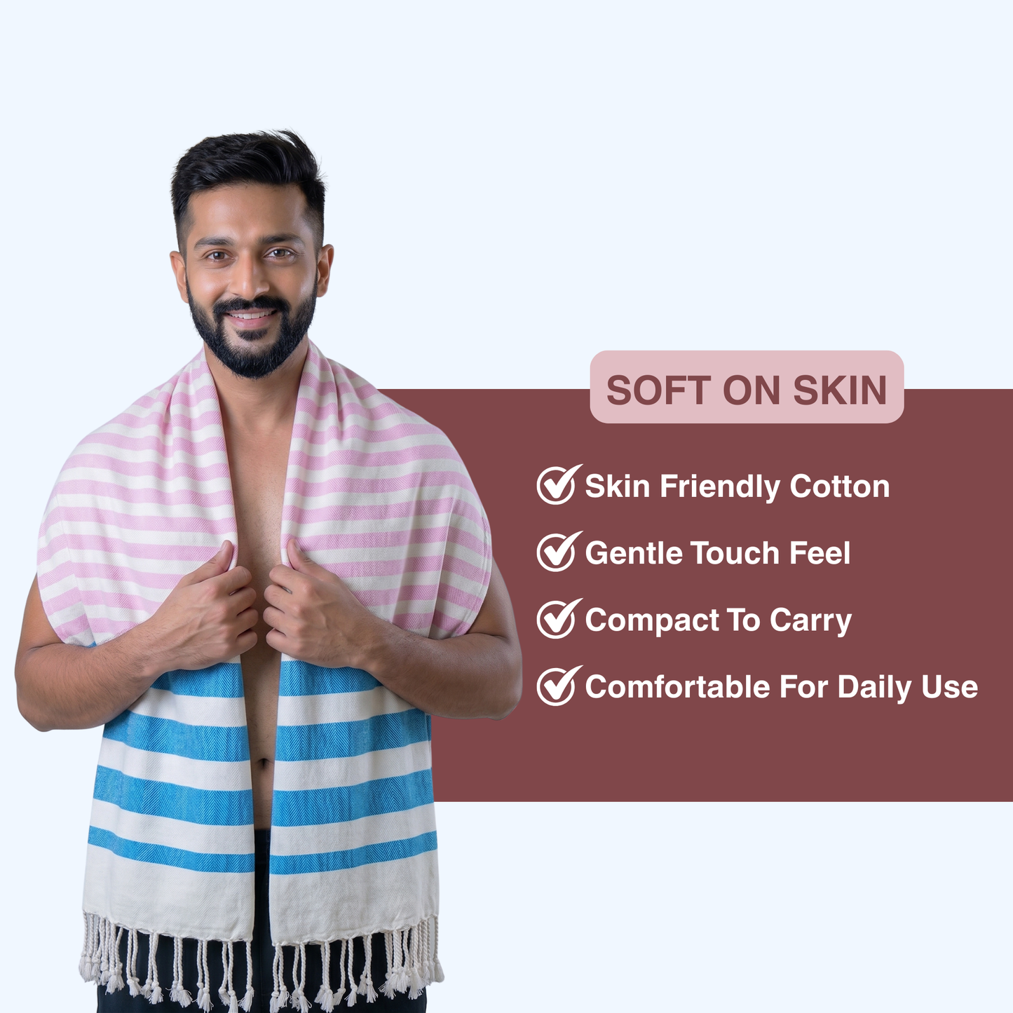 Premium Cotton Bath Towel 150 x 75 cm | Pack of 1 (Pink & Sky Blue Stripes)