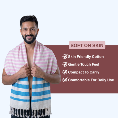 Premium Cotton Bath Towel 150 x 75 cm | Pack of 1 (Pink & Sky Blue Stripes)