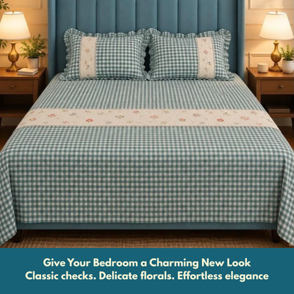 Blue Pure Cotton Floral Embroidered Bedspread with Lace Border – 108 × 108 Inches