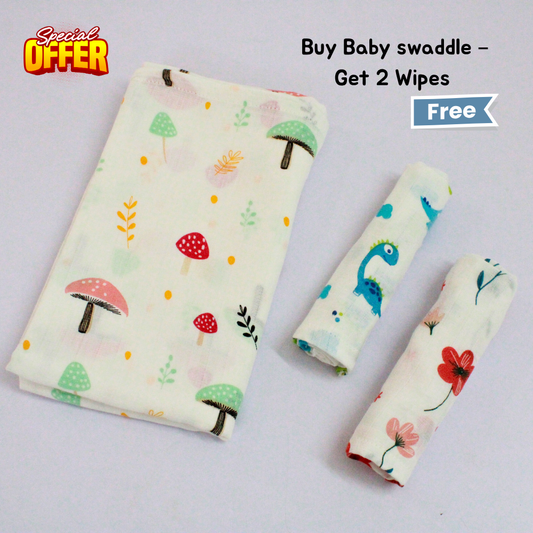 Mushroom Meadow Baby swaddle Set (120 x 100 cm) + 2 Free Wipes (10x10 inch)