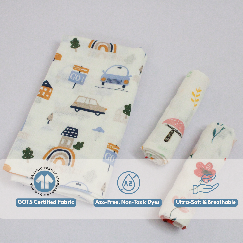 Happy Cars Baby Muslin Towel Set (120 x 100 cm) + 2 Free Wipes (10x10 inch)
