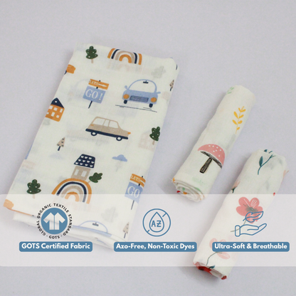 Happy Cars Baby Muslin Towel Set (120 x 100 cm) + 2 Free Wipes (10x10 inch)
