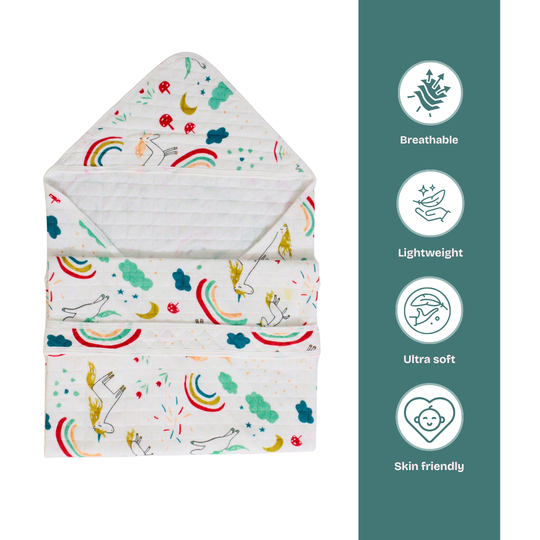 Rainbow Unicorn Print – Muslin Quilted Hooded Blanket with Belt | 85 x 85 cm | Pack of 1