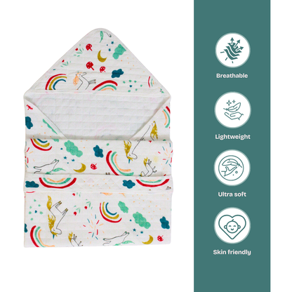 Rainbow Unicorn Print – Muslin Quilted Hooded Blanket with Belt | 85 x 85 cm | Pack of 1