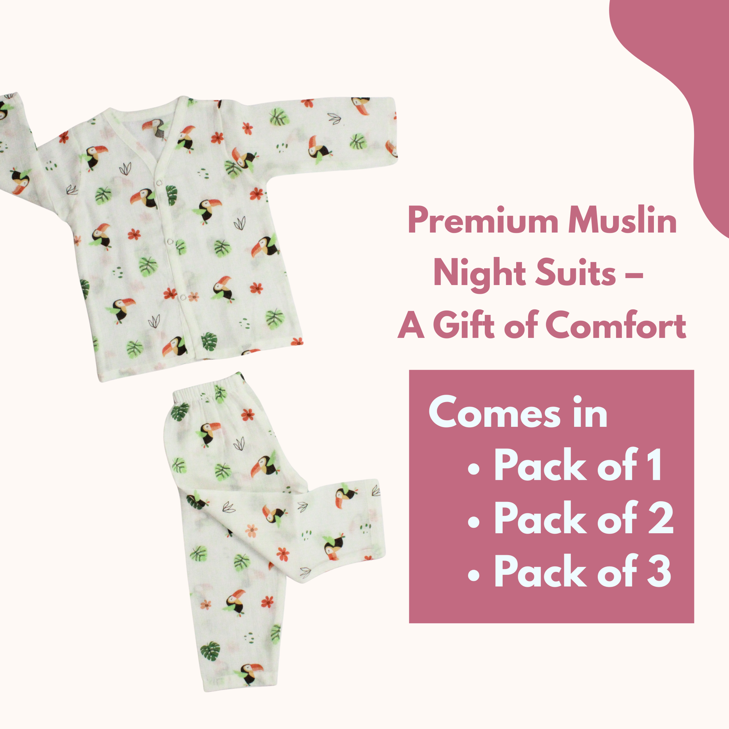 Organic Muslin Sleepsuit | Full Sleeve Top & Pant (Pack of 1, toucan bird)