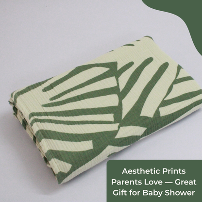 4 layer layer crinkled muslin bath towel (Green Leaf pattern, 70 × 145 cm, Pack of 1)