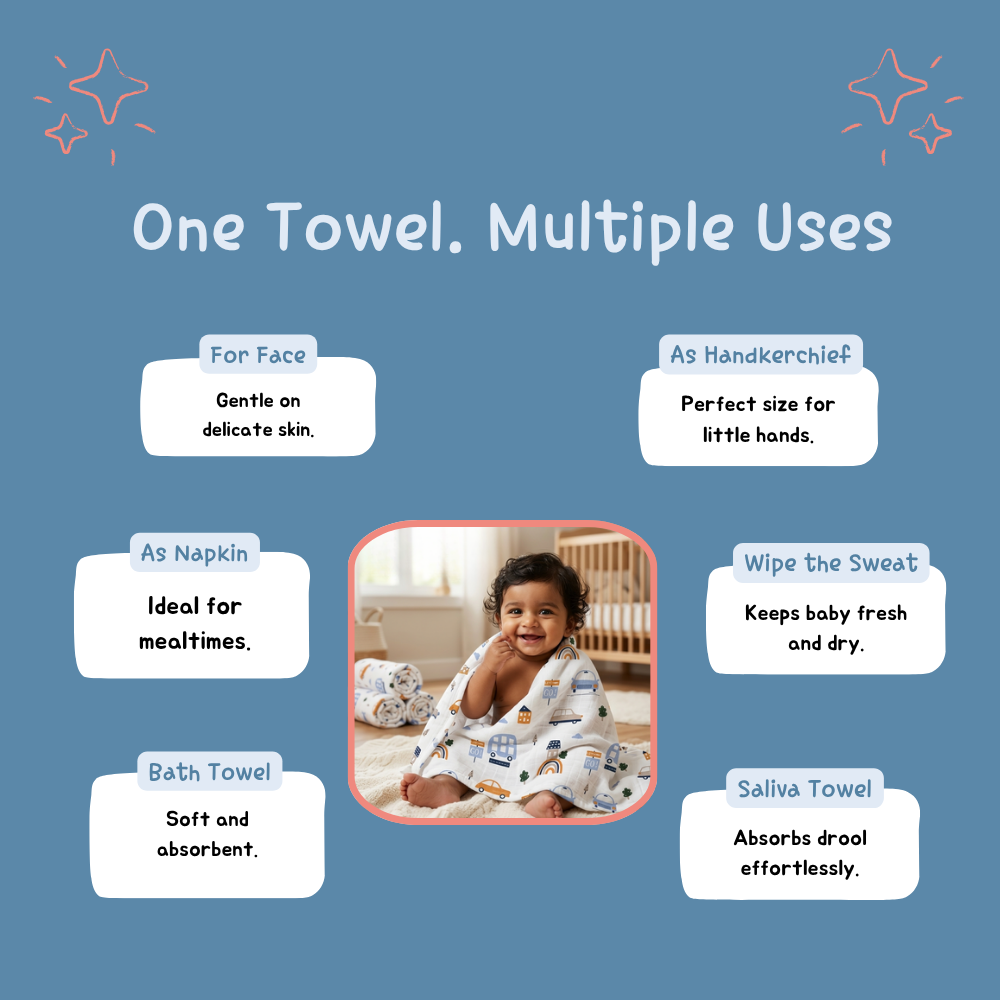 Happy Cars Baby Muslin Towel Set (120 x 100 cm) + 2 Free Wipes (10x10 inch)
