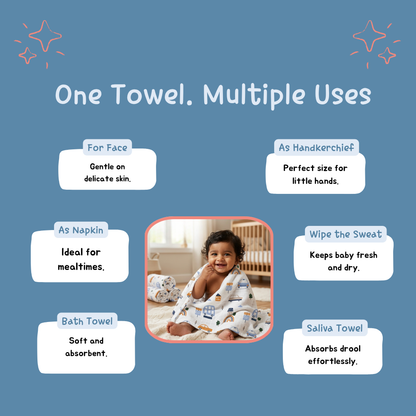 Happy Cars Baby Muslin Towel Set (120 x 100 cm) + 2 Free Wipes (10x10 inch)
