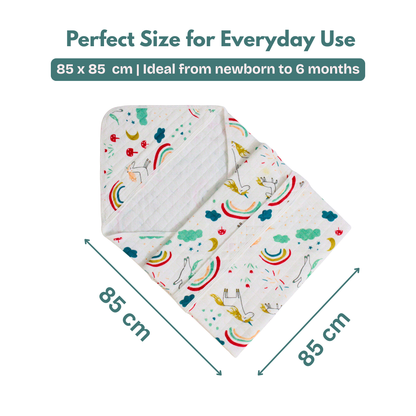 Rainbow Unicorn Print – Muslin Quilted Hooded Blanket with Belt | 85 x 85 cm | Pack of 1