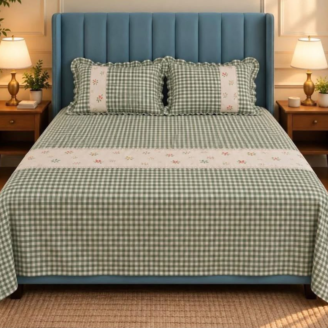 Sage Green Pure Cotton Floral Embroidered Bedspread with Lace Border – 108 × 108 Inches