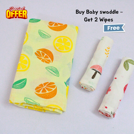 Citrus Splash Baby swaddle Set (120 x 100 cm) + 2 Free Wipes (10x10 inch)