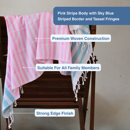 Premium Cotton Bath Towel 150 x 75 cm | Pack of 1 (Pink & Sky Blue Stripes)