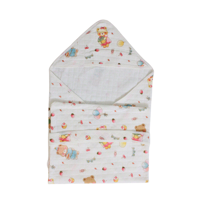 Sweet Teddy Party Print – Muslin Quilted Hooded Blanket with Belt | 85 x 85 cm | Pack of 1