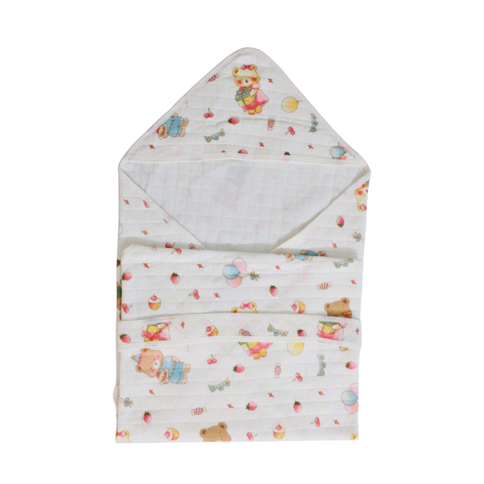 Sweet Teddy Party Print – Muslin Quilted Hooded Blanket with Belt | 85 x 85 cm | Pack of 1