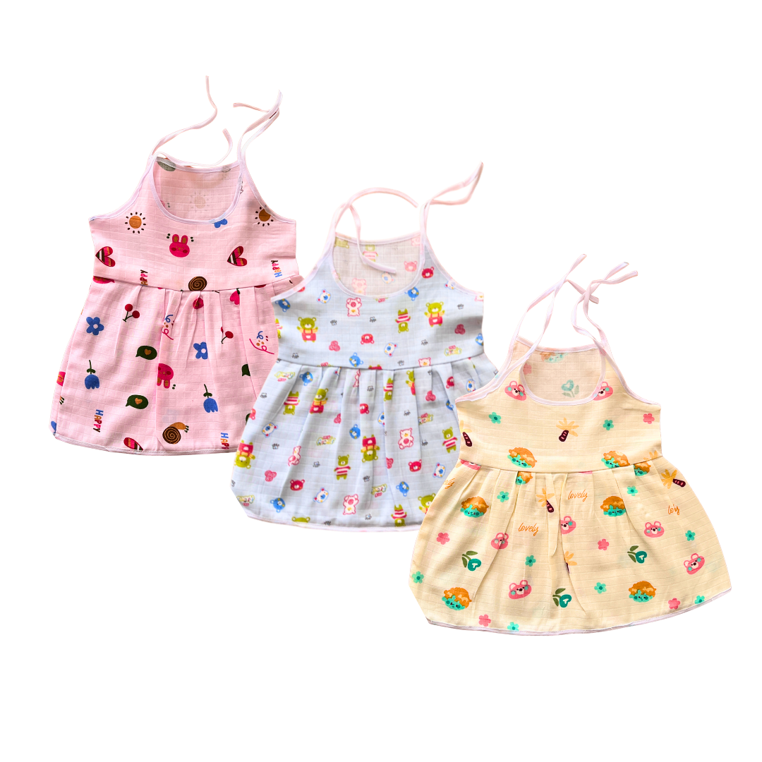 Muslin Cotton Baby Frocks | Pack of 3 | Ultra-Soft, knot-frocks