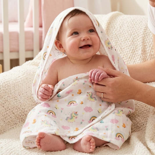 100% Organic Muslin Cotton Baby Bath Towel (70 x 140 cm) – Unicorn Dream Print | Ultra Soft | 0–2 Years | Pack of 1