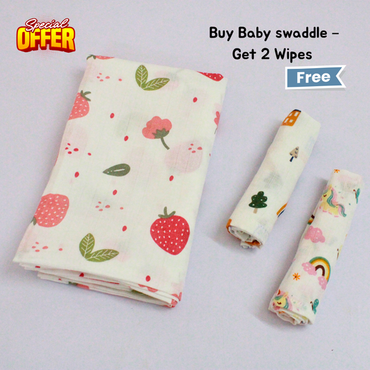 Strawberry Garden Baby Muslin swaddle Set (120 x 100 cm) + 2 Free Wipes (10x10 inch)