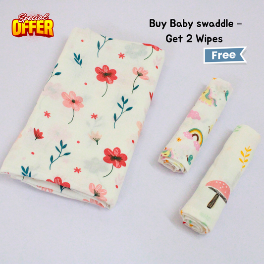 Blush Meadow Bloom Baby swaddle Set (120 x 100 cm) + 2 Free Wipes (10x10 inch)