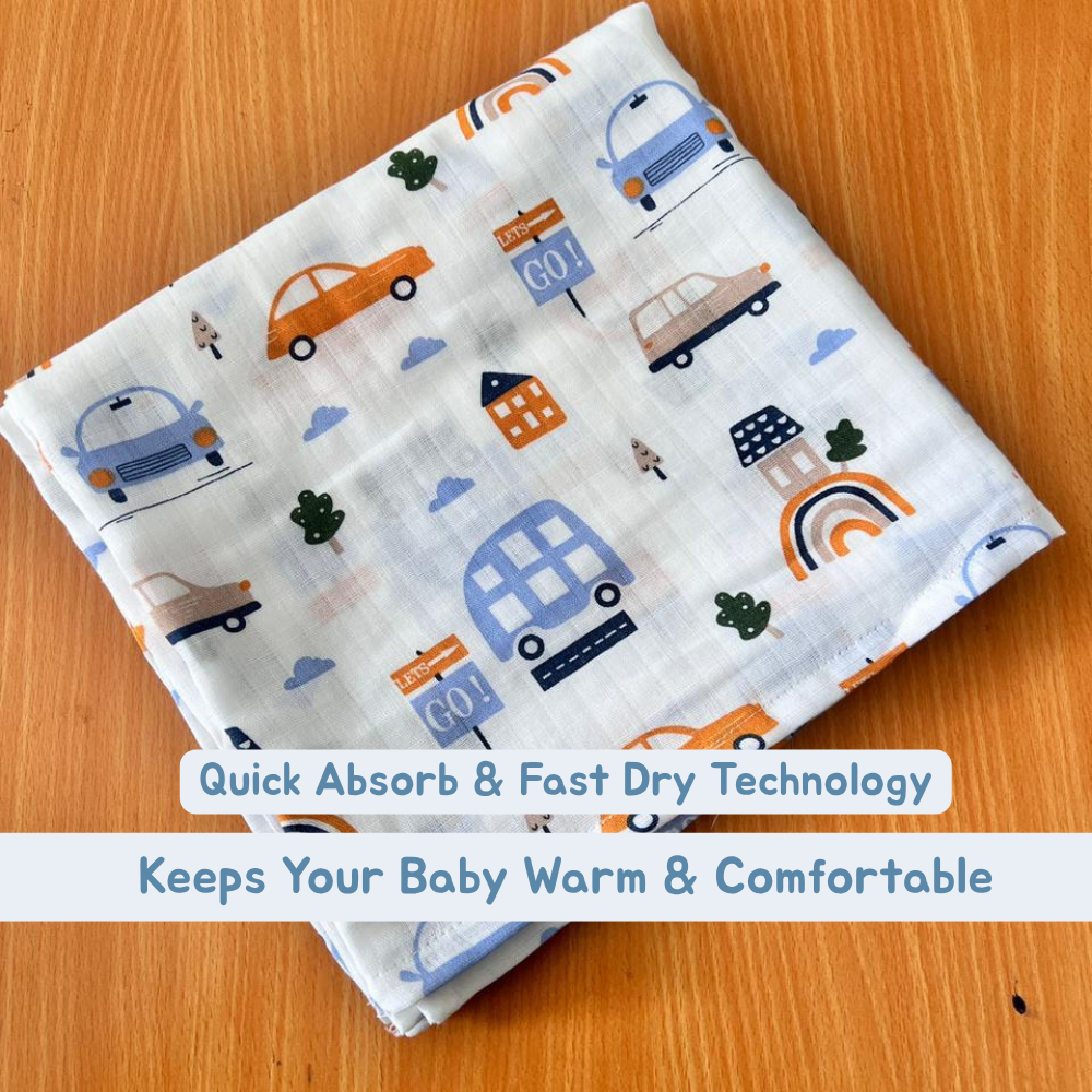 Happy Cars Baby Muslin Towel Set (120 x 100 cm) + 2 Free Wipes (10x10 inch)