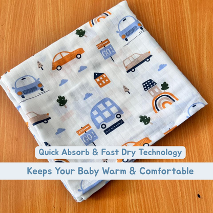 Happy Cars Baby Muslin Towel Set (120 x 100 cm) + 2 Free Wipes (10x10 inch)